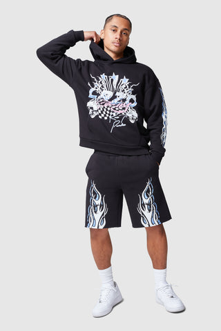 FLAMES HOOD AND SHORT SET - BLACK