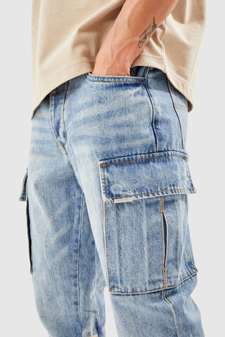 GENERAL DENIM CARGO FLARE JEAN - BLUE